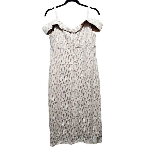 Off-Shoulder White Lace Midi Dress Size 8 By R&M Richards With Back Zipper Closu - Picture 2 of 10